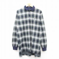 【20%OFF】L★古着 ラルフローレン Ralph Lauren ポロゴルフ 長袖 ブランド ポロ シャツ メンズ 90年代 90s ワンポイントロゴ ロング丈 コットン 紺他 ネイビー チェック 25feb25 中古 トップス