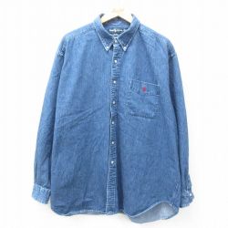 XL★古着 ラルフローレン Ralph Lauren 長袖 ブランド シャツ メンズ 90年代 90s BLAKE ワンポイントロゴ 大きいサイズ ロング丈 コットン ボタンダウン 紺 ネイビー デニム 25feb26 中古 トップス