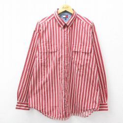 XL★古着 トミーヒルフィガー TOMMY HILFIGER 長袖 ブランド シャツ メンズ 90年代 90s ワンポイントロゴ 大きいサイズ ロング丈 コットン ボタンダウン エンジ他 ストライプ 25feb26 中古 トップス