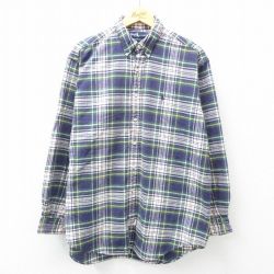 【20%OFF】XL★古着 ラルフローレン Ralph Lauren 長袖 ブランド シャツ メンズ 90年代 90s ワンポイントロゴ 大きいサイズ ロング丈 コットン ボタンダウン 緑他 グリーン チェック 25feb26 中古 トップス