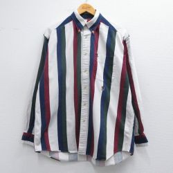 XL★古着 トミーヒルフィガー TOMMY HILFIGER 長袖 ブランド シャツ メンズ 90年代 90s ワンポイントロゴ ヘリンボーン コットン ボタンダウン 白他 ホワイト ストライプ 25feb27 中古 トップス