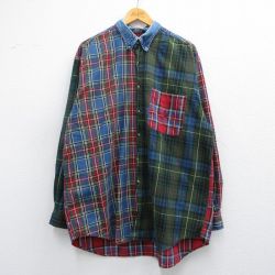 XL★古着 ノーティカ NAUTICA 長袖 ブランド シャツ メンズ 90年代 90s ワンポイントロゴ 襟デニム クレイジーパターン ロング丈 コットン ボタンダウン 緑他 グリーン チェック 【spe】 25feb27 中古 トップス