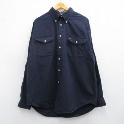 XL★古着 トミーヒルフィガー TOMMY HILFIGER 長袖 ブランド シャツ メンズ 90年代 90s ワンポイントロゴ 大きいサイズ コットン ボタンダウン 紺 ネイビー 25feb27 中古 トップス
