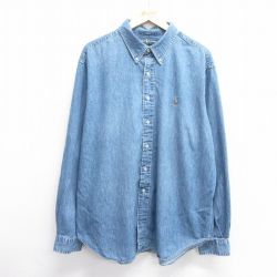 XL★古着 ラルフローレン Ralph Lauren 長袖 ブランド シャツ メンズ 90年代 90s ワンポイントロゴ 大きいサイズ ロング丈 コットン ボタンダウン 紺 ネイビー デニム 【spe】 25feb28 中古 トップス