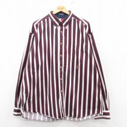 XL★古着 トミーヒルフィガー TOMMY HILFIGER 長袖 ブランド シャツ メンズ 90年代 90s ワンポイントロゴ 大きいサイズ ロング丈 コットン ボタンダウン 白他 ホワイト ストライプ 25mar04 中古 トップス