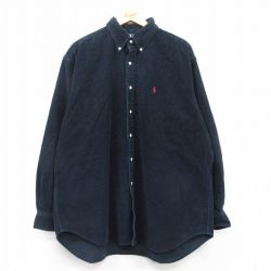 XL★古着 ラルフローレン Ralph Lauren 長袖 ブランド シャツ メンズ 90年代 90s ワンポイントロゴ コーデュロイ BLAKE 大きいサイズ ロング丈 コットン ボタンダウン 紺系 ネイビー 25mar04 中古 トップス