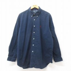 XL★古着 ラルフローレン Ralph Lauren 長袖 ブランド シャツ メンズ 90年代 90s ワンポイントロゴ BLAIRE 大きいサイズ ロング丈 コットン ボタンダウン 紺 ネイビー 25mar05 中古 トップス