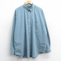 XL★古着 ラルフローレン Ralph Lauren 長袖 ブランド シャツ メンズ 90年代 90s ワンポイントロゴ BLAKE 大きいサイズ ロング丈 コットン ボタンダウン 緑他 グリーン チェック 25mar05 中古 トップス