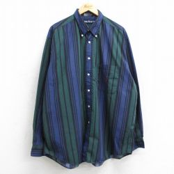 XL★古着 ノーティカ NAUTICA 長袖 ブランド シャツ メンズ 90年代 90s ワンポイントロゴ 大きいサイズ コットン ボタンダウン 緑他 グリーン ストライプ 25mar05 中古 トップス