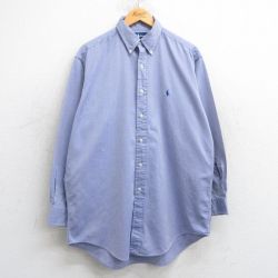 XL★古着 ラルフローレン Ralph Lauren 長袖 ブランド シャツ メンズ 90年代 90s ワンポイントロゴ YARMOUTH ロング丈 コットン ボタンダウン 薄紺 ネイビー 25mar05 中古 トップス