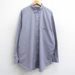 XL★古着 ラルフローレン Ralph Lauren 長袖 ブランド シャツ メンズ 90年代 90s ワンポイントロゴ ロング丈 コットン ボタンダウン 薄紺他 ネイビー チェック 25mar05 中古 トップス