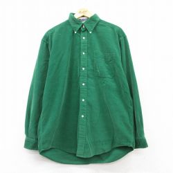 【20%OFF】XL★古着 トミーヒルフィガー TOMMY HILFIGER 長袖 ブランド シャツ メンズ 90年代 90s ワンポイントロゴ コーデュロイ ロング丈 コットン ボタンダウン 緑 グリーン 25mar06 中古 トップス