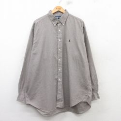 XL★古着 ラルフローレン Ralph Lauren 長袖 ブランド シャツ メンズ 90年代 90s ワンポイントロゴ BLAKE 千鳥格子 大きいサイズ ロング丈 コットン ボタンダウン 茶他 ブラウン 25mar06 中古 トップス
