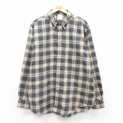 XL★古着 ブルックスブラザーズ BROOKS BROTHERS 長袖 ブランド シャツ メンズ ロング丈 コットン ボタンダウン ベージュ他 カーキ チェック 25mar06 中古 トップス