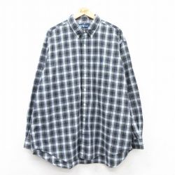 XL★古着 ラルフローレン Ralph Lauren 長袖 ブランド シャツ メンズ 90年代 90s ワンポイントロゴ BLAKE 大きいサイズ ロング丈 コットン ボタンダウン 紺他 ネイビー チェック 25mar06 中古 トップス