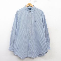XL★古着 ラルフローレン Ralph Lauren 長袖 ブランド シャツ メンズ 90年代 90s ワンポイントロゴ YARMOUTH 大きいサイズ ロング丈 コットン ボタンダウン 紺他 ネイビー ストライプ 25mar06 中古 トップス