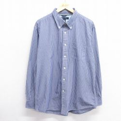 XL★古着 トミーヒルフィガー TOMMY HILFIGER 長袖 ブランド シャツ メンズ ワンポイントロゴ コットン ボタンダウン 紺他 ネイビー ストライプ 25mar07 中古 トップス