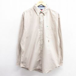 【50%OFF】XL★古着 トミーヒルフィガー TOMMY HILFIGER 長袖 ブランド シャツ メンズ 90年代 90s ワンポイントロゴ 大きいサイズ ロング丈 コットン ボタンダウン ベージュ カーキ 25mar07 中古 トップス