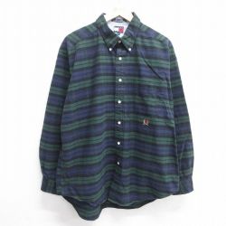 XL★古着 トミーヒルフィガー TOMMY HILFIGER 長袖 ブランド シャツ メンズ 90年代 90s ワンポイントロゴ 大きいサイズ コットン ボタンダウン 緑他 グリーン 25mar08 中古 トップス