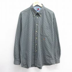XL★古着 トミーヒルフィガー TOMMY HILFIGER 長袖 ブランド シャツ メンズ 90年代 90s ワンポイントロゴ 大きいサイズ ロング丈 コットン ボタンダウン 緑他 グリーン チェック 25mar08 中古 トップス