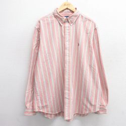 XL★古着 ラルフローレン Ralph Lauren 長袖 ブランド シャツ メンズ 90年代 90s ワンポイントロゴ オックスフォード 大きいサイズ ロング丈 コットン ボタンダウン 赤系他 レッド 25mar08 中古 トップス