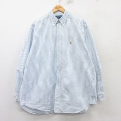 XL★古着 ラルフローレン Ralph Lauren 長袖 ブランド シャツ メンズ 90年代 90s ワンポイントロゴ BLAKE 大きいサイズ コットン ボタンダウン 薄紺他 ネイビー チェック 25mar08 中古 トップス