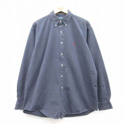 XL★古着 ラルフローレン Ralph Lauren 長袖 ブランド シャツ メンズ 90年代 90s ワンポイントロゴ ロング丈 コットン ボタンダウン 紺 ネイビー 25mar10 中古 トップス