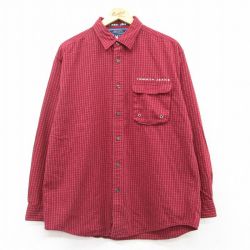【50%OFF】XL★古着 トミーヒルフィガー TOMMY HILFIGER トミージーンズ 長袖 ブランド シャツ メンズ 90年代 90s ワンポイントロゴ コットン ボタンダウン エンジ系他 チェック 25mar10 中古 トップス
