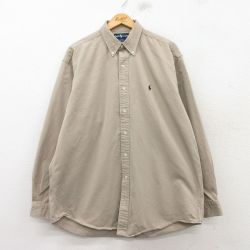 XL★古着 ラルフローレン Ralph Lauren 長袖 ブランド シャツ メンズ 90年代 90s ワンポイントロゴ BLAKE 大きいサイズ ロング丈 コットン ボタンダウン ベージュ カーキ 25mar10 中古 トップス