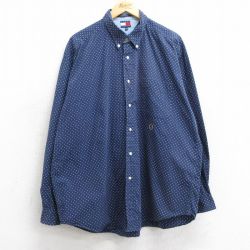 XL★古着 トミーヒルフィガー TOMMY HILFIGER 長袖 ブランド シャツ メンズ 90年代 90s ワンポイントロゴ 大きいサイズ コットン ボタンダウン 紺 ネイビー ドット 【spe】 25mar10 中古 トップス