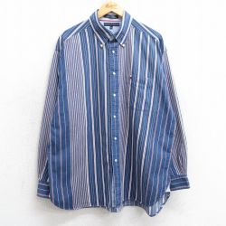 XL★古着 トミーヒルフィガー TOMMY HILFIGER 長袖 ブランド シャツ メンズ ワンポイントロゴ 大きいサイズ コットン ボタンダウン 紺他 ネイビー ストライプ 25mar10 中古 トップス