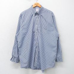 XL★古着 ブルックスブラザーズ BROOKS BROTHERS 長袖 ブランド シャツ メンズ 大きいサイズ ロング丈 コットン ボタンダウン 紺他 ネイビー ストライプ 25mar11 中古 トップス
