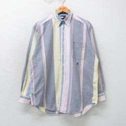 L★古着 トミーヒルフィガー TOMMY HILFIGER 長袖 ブランド シャツ メンズ 90年代 90s ワンポイントロゴ コットン ボタンダウン 薄グレー他 【spe】 25mar11 中古 トップス
