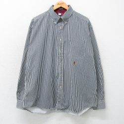 トミーヒルフィガー 90s 長袖シャツ ワンポイントロゴ ネイビーストライプ XL | 古着