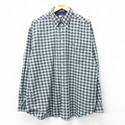 XL★古着 トミーヒルフィガー TOMMY HILFIGER 長袖 ブランド シャツ メンズ 90年代 90s ワンポイントロゴ ロング丈 コットン ボタンダウン 緑他 グリーン チェック 25mar11 中古 トップス