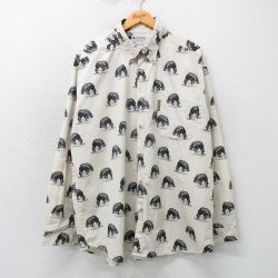 【20%OFF】XL★古着 コロンビア COLUMBIA 長袖 ブランド シャツ メンズ 90年代 90s クマ 総柄 ロング丈 コットン ボタンダウン 薄ベージュ他 カーキ 【spe】 25mar11 中古 トップス