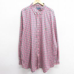 【50%OFF】XL★古着 ラルフローレン Ralph Lauren 長袖 ブランド シャツ メンズ 90年代 90s ワンポイントロゴ 大きいサイズ ロング丈 コットン ボタンダウン ピンク他 チェック 25mar11 中古 トップス