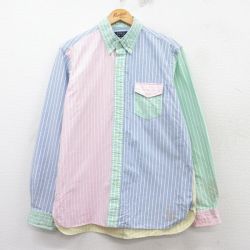 L★古着 ラルフローレン Ralph Lauren 長袖 ブランド シャツ メンズ クレイジーパターン コットン ボタンダウン 薄紺他 ネイビー ストライプ 25mar11 中古 トップス