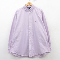 XL★古着 ラルフローレン Ralph Lauren 長袖 ブランド シャツ メンズ 90年代 90s YARMOUTH ワンポイントロゴ 大きいサイズ ロング丈 コットン ボタンダウン 薄紫 パープル 25mar11 中古 トップス