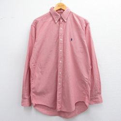 L★古着 ラルフローレン Ralph Lauren 長袖 ブランド シャツ メンズ 90年代 90s YARMOUTH ワンポイントロゴ コットン ボタンダウン 赤他 レッド ストライプ 25mar12 中古 トップス