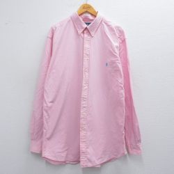 L★古着 ラルフローレン Ralph Lauren 長袖 ブランド シャツ メンズ 90年代 90s ワンポイントロゴ ロング丈 コットン ボタンダウン ピンク 25mar12 中古 トップス