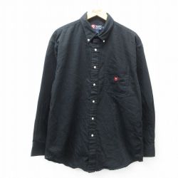 XL★古着 チャップス ラルフローレン Ralph Lauren 長袖 ブランド シャツ メンズ 90年代 90s ワンポイントロゴ ヘリンボーン ロング丈 コットン ボタンダウン 黒 ブラック 25mar12 中古 トップス