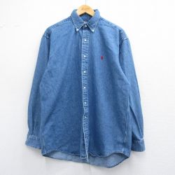 XL★古着 ラルフローレン Ralph Lauren 長袖 ブランド シャツ メンズ 90年代 90s BLAKE ワンポイントロゴ コットン ボタンダウン 紺 ネイビー デニム 25mar13 中古 トップス