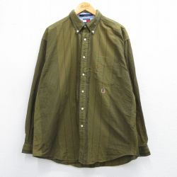XL★古着 トミーヒルフィガー TOMMY HILFIGER 長袖 ブランド シャツ メンズ 90年代 90s ワンポイントロゴ 大きいサイズ ロング丈 コットン ボタンダウン 緑系他 グリーン ストライプ 25mar13 中古 トップス