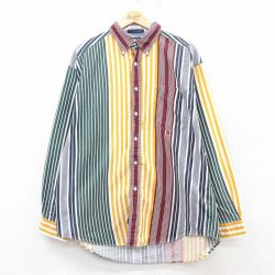XL★古着 トミーヒルフィガー TOMMY HILFIGER 長袖 ブランド シャツ メンズ 90年代 90s ワンポイントロゴ 大きいサイズ コットン ボタンダウン 紺他 ネイビー ストライプ 【spe】 25mar14 中古 トップス