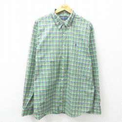 XL★古着 ラルフローレン Ralph Lauren 長袖 ブランド シャツ メンズ 90年代 90s ワンポイントロゴ 大きいサイズ ロング丈 コットン ボタンダウン 緑他 グリーン チェック 25mar14 中古 トップス