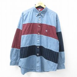 XL★古着 トミーヒルフィガー TOMMY HILFIGER トミージーンズ 長袖 ブランド シャツ メンズ 90年代 90s ワンポイントロゴ 大きいサイズ ロング丈 コットン ボタンダウン 紺他 ネイビー 【spe】 25mar14 中古 トップス