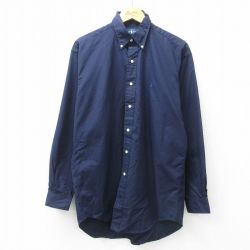 XL★古着 ラルフローレン Ralph Lauren 長袖 ブランド シャツ メンズ 90年代 90s ワンポイントロゴ BLAKE ロング丈 コットン ボタンダウン 紺 ネイビー 25mar14 中古 トップス