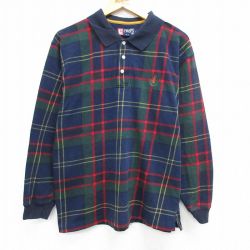 【20%OFF】L★古着 ラルフローレン Ralph Lauren チャップス 長袖 ブランド ポロ シャツ メンズ 90年代 90s ワンポイントロゴ コットン 紺他 ネイビー チェック 25mar15 中古 トップス