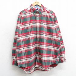 XL★古着 トミーヒルフィガー TOMMY HILFIGER 長袖 ブランド シャツ メンズ 90年代 90s ワンポイントロゴ コットン ボタンダウン 赤他 レッド チェック 25mar15 中古 トップス